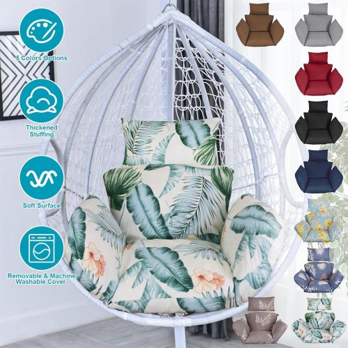 Egg Chair Cushion, Soft Thicken Swing Egg Chair Cushion with Headrest, Hanging Basket Chair Pads, Removable & Washable Hammock Chair Cushions for Indoor/Outdoor, Beige_BlueLeaf