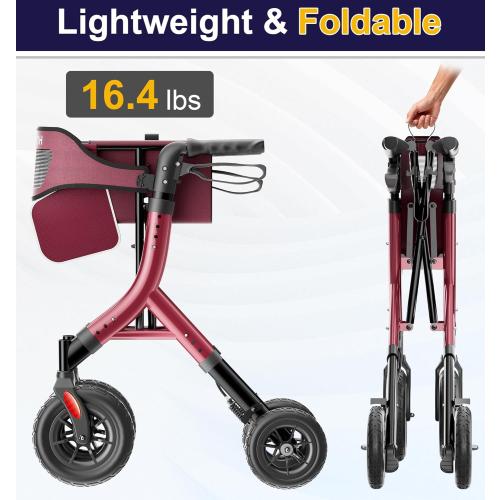 HOMLAND Foldable Rollator Walkers for Seniors with Seat, 10 All-Terrain Wheels & Curb Climber, 16.4 lb Lightweight Walker with Lockable Brakes, 300 lbs Capacity, Burgundy