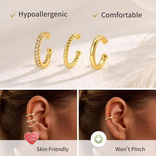 Gold Ear Cuff for Women, 14K Gold Plated CZ Cartilage Cuff | Non-piercing ear cuff with sparkling cubic zirconia. Lightweight stackable jewelry for everyday styling