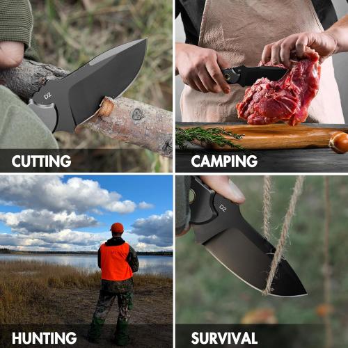 Black 7 FLISSA Fixed Blade Knife, 7 Inch Full Tang Hunting Knife with Kydex Sheath and Emergency Rope, Tactical Knife for Survival, Camping, Hiking(Black)