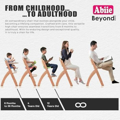 Abiie Beyond Junior Wooden High Chair for Babies and Toddlers - Convertible 3-in-1 Baby Highchair with Removable Tray - 6 Months to 250 Lb - Water Resistant - Natural Wood/Dove Grey Cushion