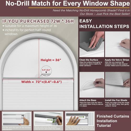 Arch Window Shades Light Filtering Half Circle Cordless Cellular Shades No Drill Half Moon Honeycomb Blinds for Indoor Window Thermal Insulation Noise Reduction,Filtering-Beige,72 W x 36 H