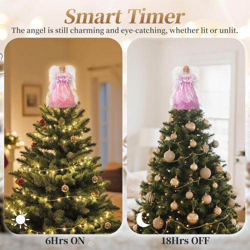 Lewondr Christmas Tree Topper Angel, 12'' Light Up Angel Tree Topper with Wings and Candle Light, 8 Modes and 6 Hrs Timer USB and Remote Operated Christmas Decor for Holiday Home Decor, Pink