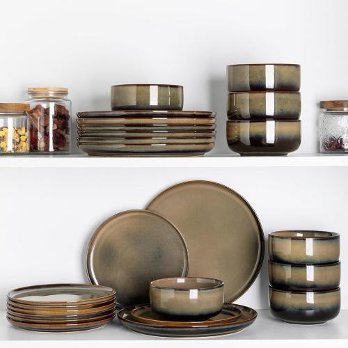Set of 18 Color Brown TheTerra Ceramic Dinnerware Sets for 6, 18 Pieces Handmade Reactive Glaze Plates and Bowls Set, Scratch Resistant Dish Set, Oven & Microwave & Dishwasher Safe, Coca Mocha
