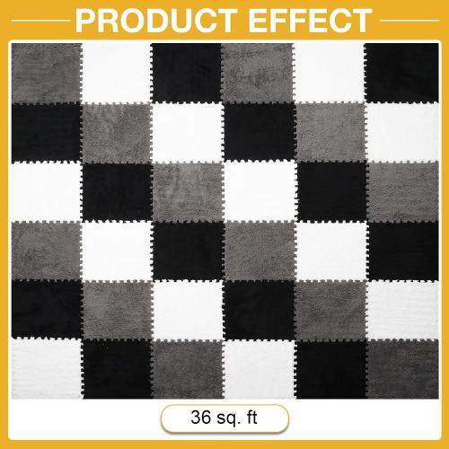 36 Pcs Plush Interlocking Carpet Tiles, Non-Toxic Foam Carpet Tiles for Toddler Baby, Anti-Slip, EVA Foam Interlocking Tiles for Floor, Nursery, Playroom, Grey White Black