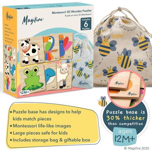 Magifire Wooden Puzzles, Set of 6 Puzzle Toys for Kids Toddlers 1–3, Baby Educational Animal Toys with Chunky Pieces & Bag for Easter - Whale, Peacock, Woodpecker, Cow, Sheep, Frog
