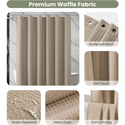 Inhousolu Fabric Shower Curtain Waffle Weave, 230 GSM Heavy Duty, Weighted Hem, 14 Metal Hooks, Water Repellent, Machine Washable, Hotel Spa Luxury Bath Curtain Set, 72 x 84 Inch, Beige
