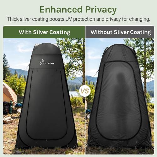 WolfWise PRO Pop Up Shower Tent with Silver Coated, Floor and Rain Fly | Portable Changing Tent with Window & Carry Bag for Camping, Outdoor Privacy Toilet Bathroom with UV Protection, 75/79/83 H