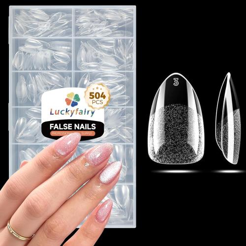 Short Almond Nail Tips: 504pcs Pre-Etched Soft Gel Nail Tips, Tri-Layer Core Short Fake Nails, 12 Sizes Half Matte Full Cover Clear Press on Nails Extension DIY for Flat & Natural Nail Beds