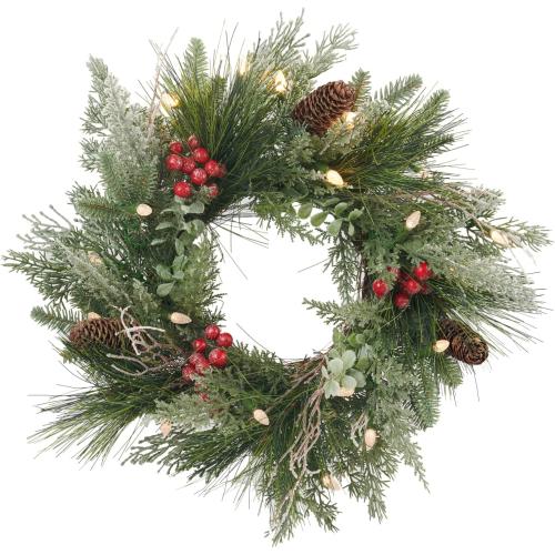 Pre-lit Christmas Wreath for Front Door, Snow Branches, 22 Inch Battery Operated 50 LED Lights, Decorations for Indoor & Outdoor Green