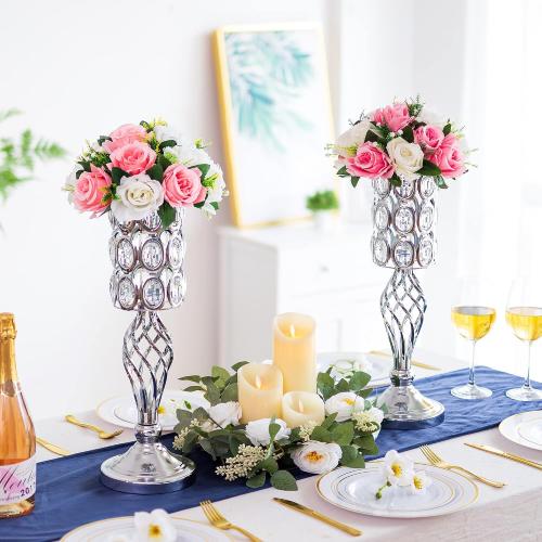 Set of 2 Silver Vases for Centerpieces - Metal Flower Stand with Bling Stones, Tall Vases for Wedding Table, Set of 2
