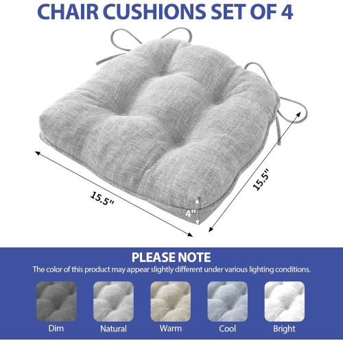 Chair Cushions for Dining Chairs Set of 4, Kitchen Chair Cushions, Chair Pads with Ties and Non Slip Backing, Tufted Memory Foam Seat Cushion 4 Pack, 15.5 x 15.5 x 4, Light Gray