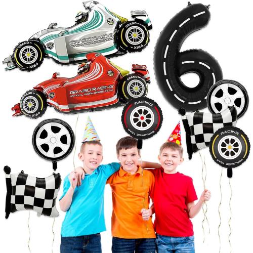 Number 6 Race Car Balloons, 43 Inch Race Car Party Decorations, Wheel Tire Balloon, Black and White Checkered Foil Balloons for Boys 6th Birthday Party Decoration - Pack of 9