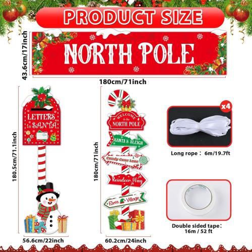 3 Pcs Christmas North Pole Door Decorations North Pole Directional Sign Porch Banners Christmas Mailbox Letter to Santa Porch Signs Hanging Backdrop for Winter Xmas Holiday Home Wall Party Decor