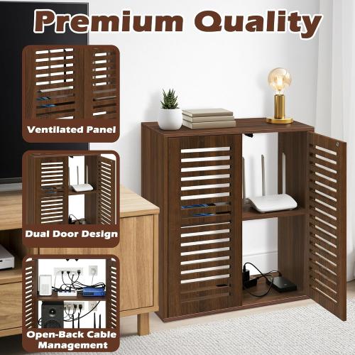 WiFi Router Storage Cabinet, Floor Standing Router Storage Box Modem, Multi-Functional Router Storage Box, Power Strip and Cable Management Hider Organizer for Living Room, Office, Bedroom, Walnut