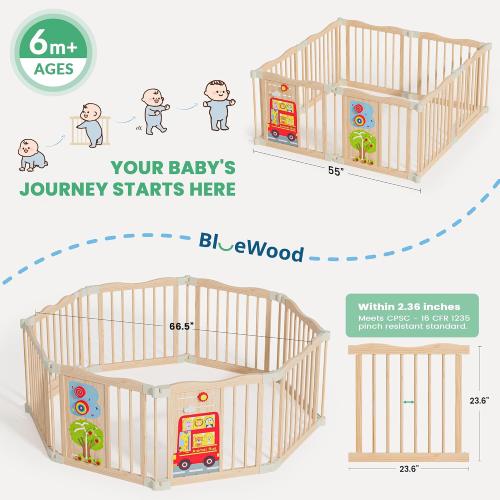 Foldable Wooden Playpen, 55 x 55 x 24 inches, Animal Bus, Natural | Adjustable Wood Baby Play Yard with Child-Proof Lock, Indoor Large Safety Fence for Babies and Toddlers, Easy Assembly