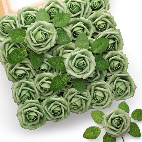 Mocoosy 50Pcs Rose Artificial Flowers, Sage Green Fake Roses for Decorations, Real Touch Elf Green Foam Roses with Stems DIY Wedding Bouquet Bridal Shower Centerpieces Floral Arrangements Home Decor