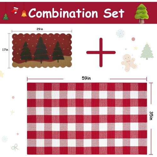 OJIA 2PCS Christmas Rug Door Mat Combo Set, Imitation Coir Doormat   3'x5' Red and White Plaid Rug Xmas Washable Outdoor Area Rugs Layered Door Mats Floor Carpet for Porch Patio Decor Outside Entry