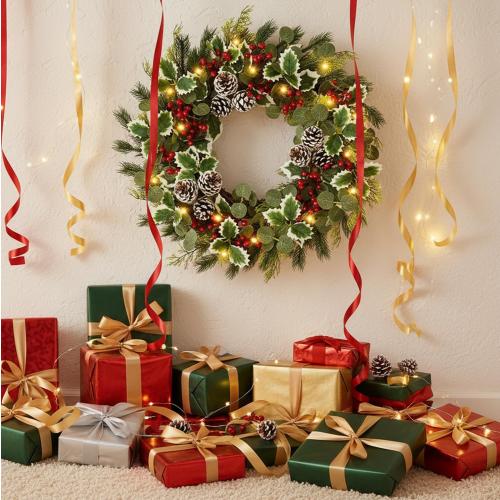 22 Inch Pre-lit Christmas Wreath for Front Door, Artificial Outdoor Christmas Wreath with 50 LED Lights, Real Pine Cones Red Berries Winter Xmas Wreaths for Indoor Porch Party Decorations