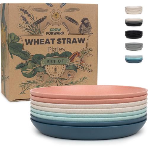 Grow Forward Premium Wheat Straw Dessert Plates - 8 Inch Reusable Hard Plastic Plates Set of 8 - Unbreakable Microwave Safe Plates for Dinner, Camping, RV, Outdoors, Patio, Kitchen Dishes - Tropical
