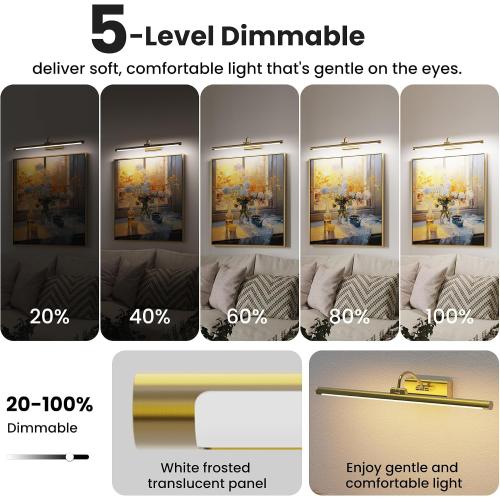 24 Picture Frame Light with 1pcs Extra 8000mAh Battery - Brass Cordless Rechargeable Wall Sconce with Remote for Office, Hallway & Large Art