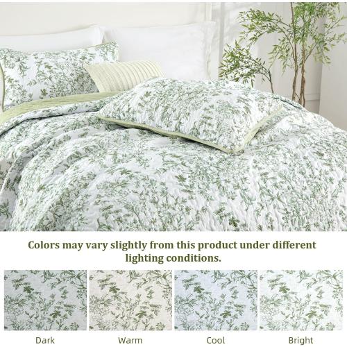 WONGS BEDDING Botanical King Size Quilt, 3 Pieces Bedspread Set, Sage Green | Floral Printed, Microfiber Coverlet, Breathable All-Season, Fits King 110x90, Perfect for Bedroom Guest Room Home Decor
