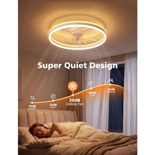 RGB Ceiling Fan with Light and Remote,24 Fandelier Smart Ceiling Fan,White | Low Profile Ceiling Fan with Light, Dimmable Flush Mount Ceiling Fan, Modern Bladeless Ceiling Fan, 6 Speeds Ceiling Fan RGB