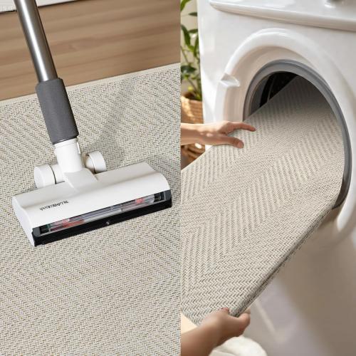 Ultra Thin Indoor Door Mat 24x36, Washable Door Mat Indoor Entrance, Non Slip Rubber Backing Doormat Low-Profile Inside Entryway Mat, Unique Herringbone Design Entry Mat, Khaki (FOLD)