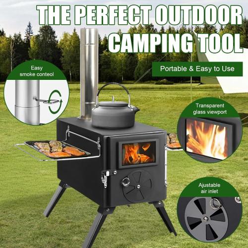 Portable Wood Stove, Foldable Hot Tent Stove, Wood Burning Stove with Chimney, No Smoke Leakage & Easy to Install, for Camping, Hunting, Ice Fishing, Cooking