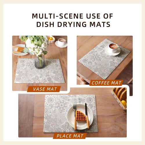 Dish Drying Mat Paisley Absorbent Coffee Mat Rubber Backed Bohemian Soft Silicone Kitchen Dish Draining Mat for Kitchen Bathroom Coffee Bar (Paisley White, 16 x 24 Inches)