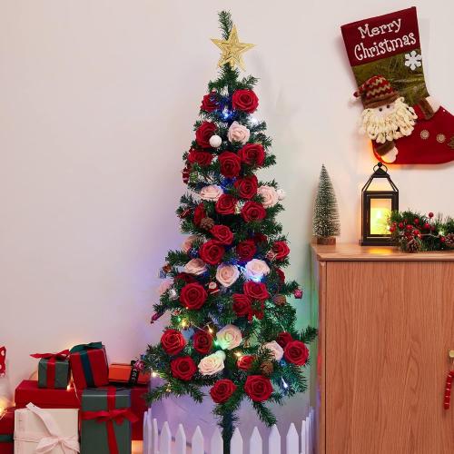 InnoGear Artificial Flowers, 50 Pcs Dark Red Foam Fake Roses Bulk with Stems for Decoration Celebration DIY Wedding Bouquets Centerpieces Bridal Shower Party Christmas Tree