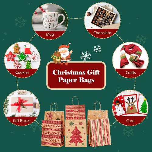 MESHA Christmas Gift bags 24Pcs 8.6x7x3.3'' Kraft Paper Bags with Handles Bulk for Gifts Holiday Xmas Goodie, Party Favors, Candy, Treat