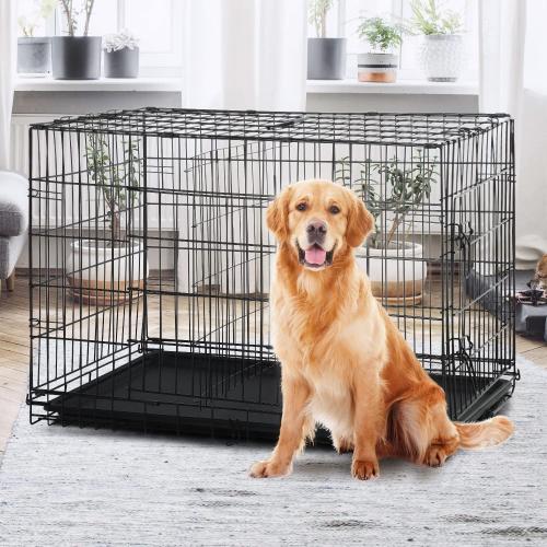 Large Dog Crate, 48 Inch Dog Cage Dual Door Metal Dog Cage with Divider Panel, Leak-Proof Pan, Indoor Outdoor Folding Pet Dog Kennel for Large Pet Animals