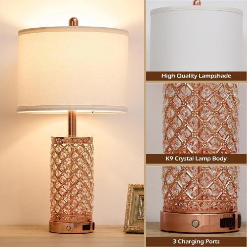 Crystal Table Lamps Modern 3-Way Dimmable Bedside Lamp with 2 USB Ports & AC Outlets for Living Room Bedroom Nightstand Lamp Night Light (Rose Gold-2 Pack 24In)
