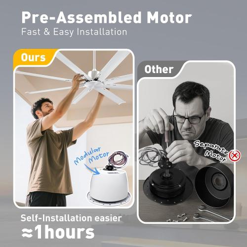 Minislak 72 Inch Ceiling Fan No Light with Remote,8 Aluminum Blades,Industrial DC Motor Quiet Operation,6 Speeds,Large Indoor Outdoor Ceiling Fan for Garage,Patio,Living Room(Brushed Nickel)