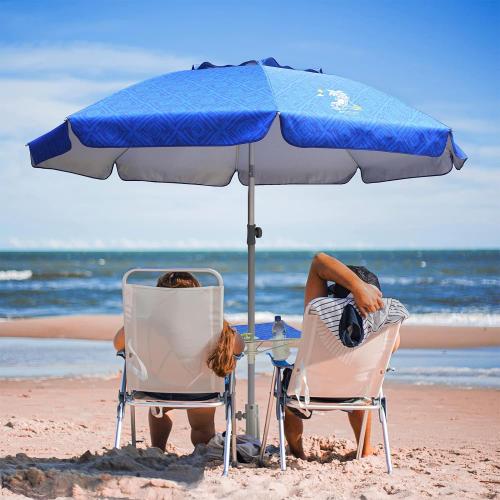 AMMSUN Beach Umbrella With Sand Anchor & Table Tray, 6.5ft Portable Heavy Duty Sun Outdoor Umbrella, UV 50  Protection, Carry Bag for Patio, Pool and Garden, Blue