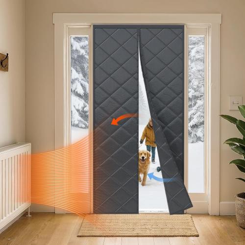 LazBlinds Thermal Insulated Door Curtain Fit Door Size 34 x 82, Magnetic Hands-Free Self Seal Door Cover, Weatherproof Oxford & Cotton Fiber Fill Blanket for Winter to Keep Warm, Grey