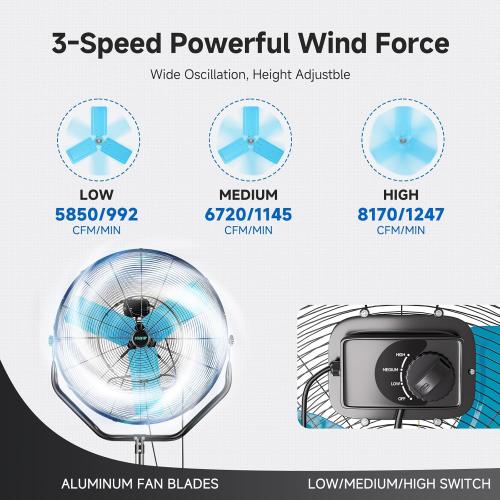 pasapair 8160 CFM 30 High Velocity Outdoor Misting Fan, Standing Fans for Patio Waterproof, Cooling Floor Fan 3-Speed, 360°Rotating, Adjustable Height,4 Casters, Heavy Duty Metal Industrial Fan