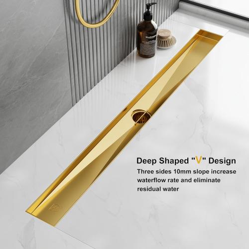 Neodrain 24-in Brushed Brass Rectangular Linear Shower Drain with Brick Pattern Grate, 304 Stainless Steel Bathroom Floor Drain, Gold Linear Drain with Hair Strainer,CUPC Certified