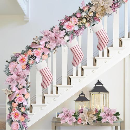 Waipfaru 6FT Christmas Garland with Lights, Pink Christmas Decor, Rose Gold Lighted Flocked Garland with Flower, Berries, Balls, Pinecone, Pink Garlands for Mantle Table Stairs Indoor Outdoor Decor