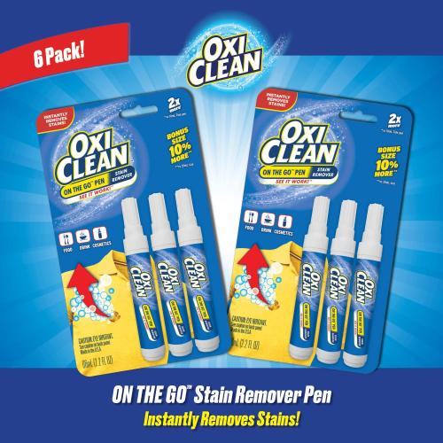 6 Count OxiClean On The Go Stain Remover Pen for Clothes, Portable Instant Stain Remover Stick with Scrubber Tip, Travel-Friendly Pen for Clothes Laundry, for Food Drink Cosmetics, 6 Count