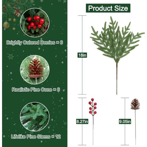 24 Pcs 18 Inch Real Touch Norfolk Pine Branches Christmas Greenery Stems with Pinecones & Red Berries for Christmas Decorations