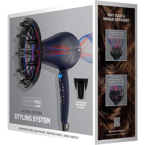 INFINITIPRO BY CONAIR Hair Dryer with Innovative Diffuser | Enhances Curls and Waves while Reducing Frizz | Dark Blue | Packaging May Vary