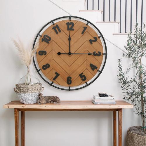 Micasso 27 Inch Large Farmhouse Wall Clock - Silent Non Ticking Rustic Wood & Metal Wall Decor, Oversized Antique Decorative Battery Operated Clock for Living Room, Kitchen, Office, Bedroom