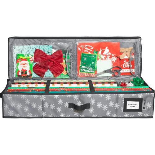 HOLDN’ STORAGE Premium Wrapping Paper Storage Container - Durable 600D Tear-Proof, Fits 27 Rolls Gift Wrap, Extra Pockets for Ribbons & Bows, Underbed Storage - Ideal for Holiday Christmas, Grey/White Snowflakes