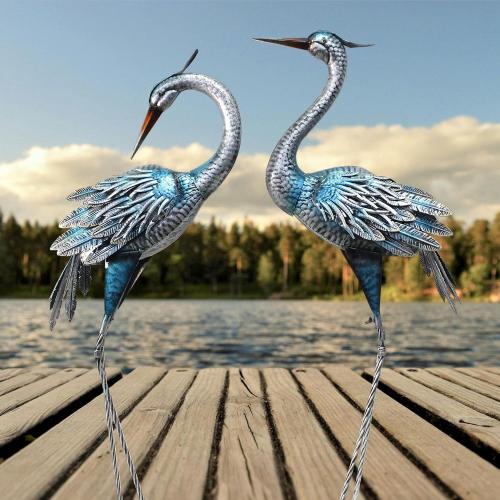 Outdoor Crane Garden Statues, Blue Heron Garden Statues | Large Metal Cranes for Yard, Lawn, Patio, Pond, Set of 2