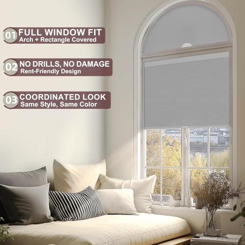 Arch Window Shades Blackout Half Circle Cordless Cellular Shades No Drill Half Moon Honeycomb Blinds for Indoor Window Thermal Insulation Noise Reduction,Blackout-Gray,72 W x 36 H