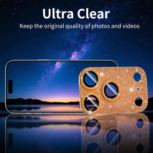 Compatible with iphone 17 Pro Max Camera Lens Protector, Bling Glitter 9H Tempered Glass Anti Scratch Full Protective Len Cover, Orange