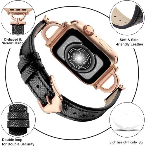 Genuine Leather Band Compatible with Apple Watch Women 38mm 40mm 41mm 42mm(2024 series 10), Designer Slim Leather Strap with D-Shape Gold Metal Buckle for iWatch Series 10 9 8 SE 7 6 5 4 3 2 1, Black