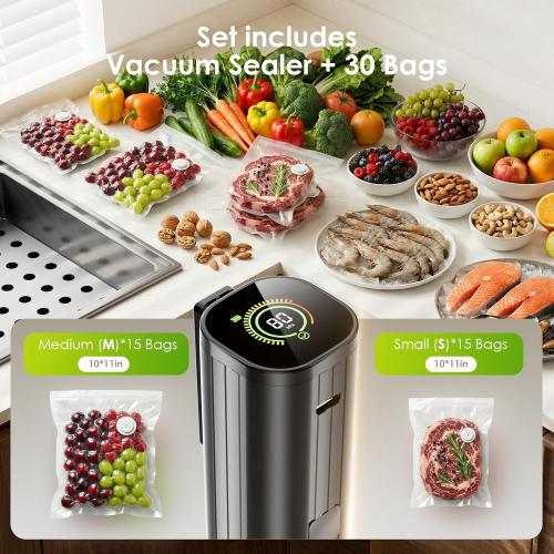 Elxis Vacuum Sealer, Portable handheld Vacuum Sealer   30 Reusable Vacuum Bags, Portable Food Sealer, With LED pressure display, 2-Speed Pressure Control (60/80 Kpa)